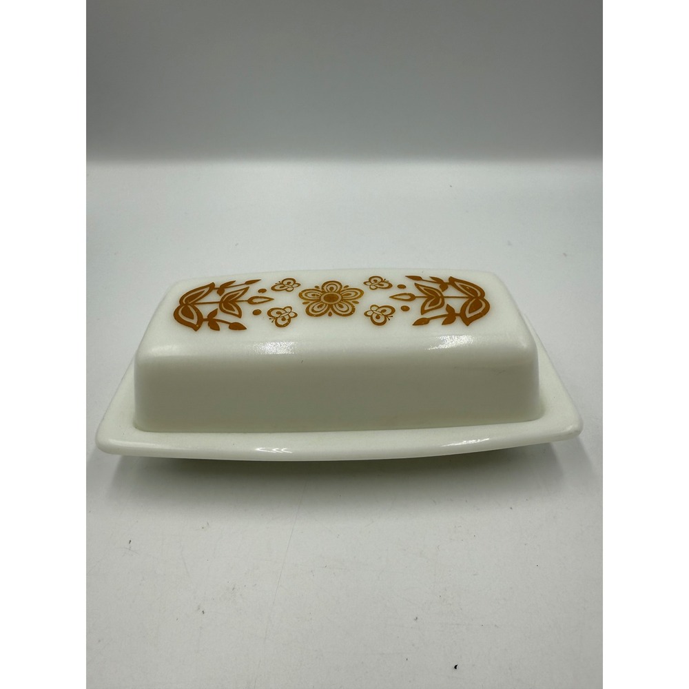 Vintage Pyrex Butterfly Gold Milk Glass Butter Dish with Lid 72-B Made in USA